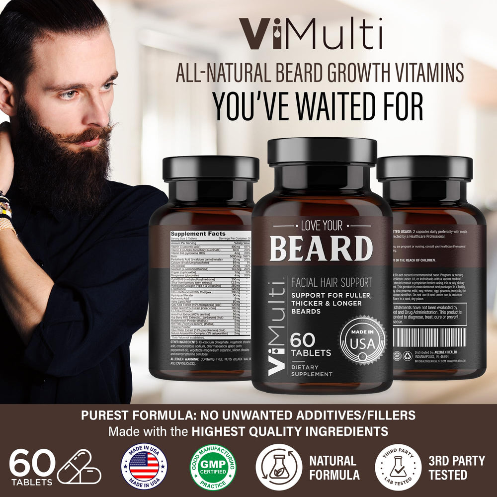 vimulti beard growth vitamins capsules closeup highlighting capsules for fuller beard potential.