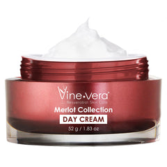Vine Vera Merlot Day Cream bottle close-up shows hydrating formula for daily use