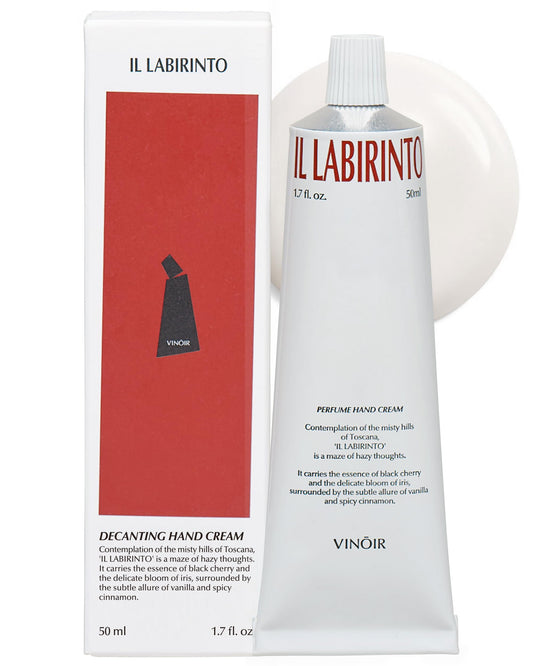VINOIR IL LABIRINTO decanting hand cream jar showcases elegant packaging for luxurious hand care.