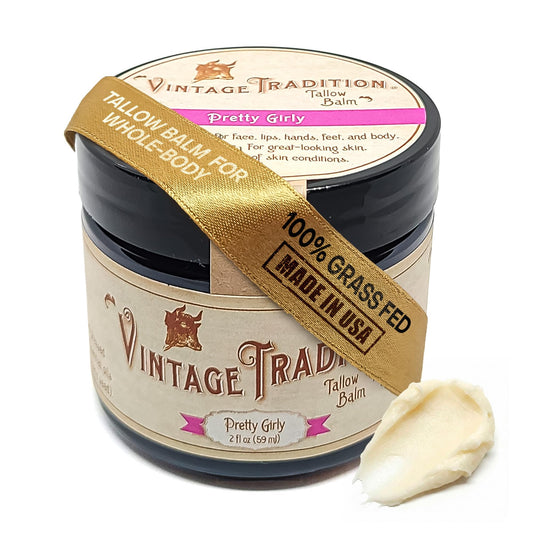Vintage Tradition beef tallow balm tin for on-the-go hydration.