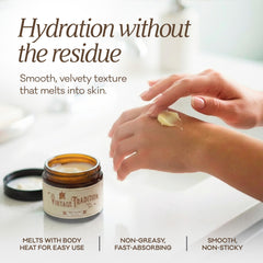 Applying balm to dry skin on hands and elbows with Vintage Tradition