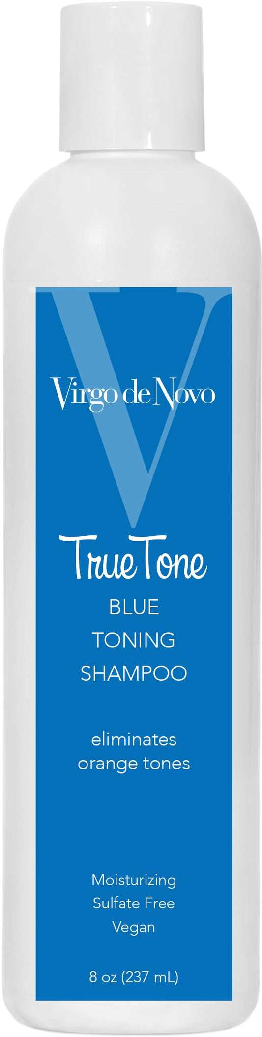 Virgo de Novo Blue Toning Shampoo bottle front neutralizes brass for cooler tones.