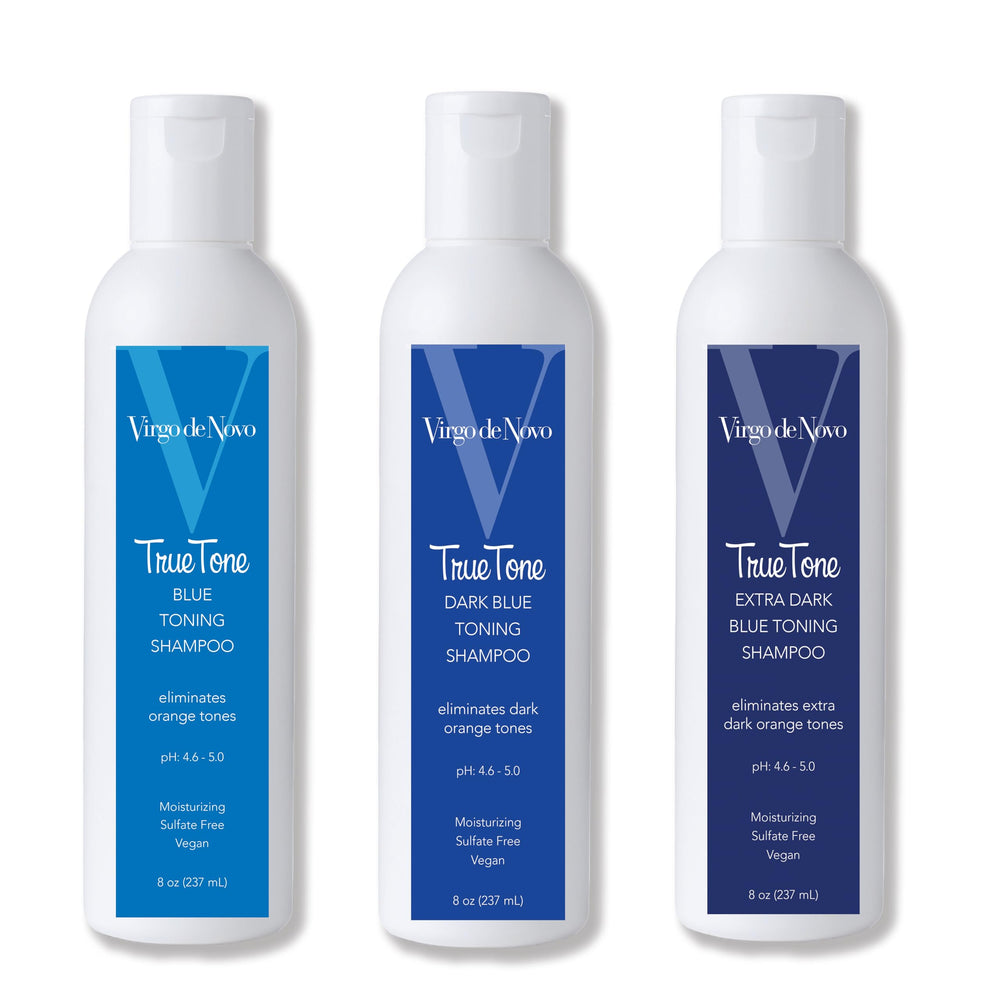Virgo de Novo Blue Toning Shampoo lather close-up with creamy blue formula.