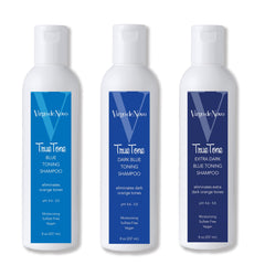 Virgo de Novo Blue Toning Shampoo lather close-up with creamy blue formula.