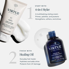 VIRTUE bundle on a vanity with oil and styler ready for use.