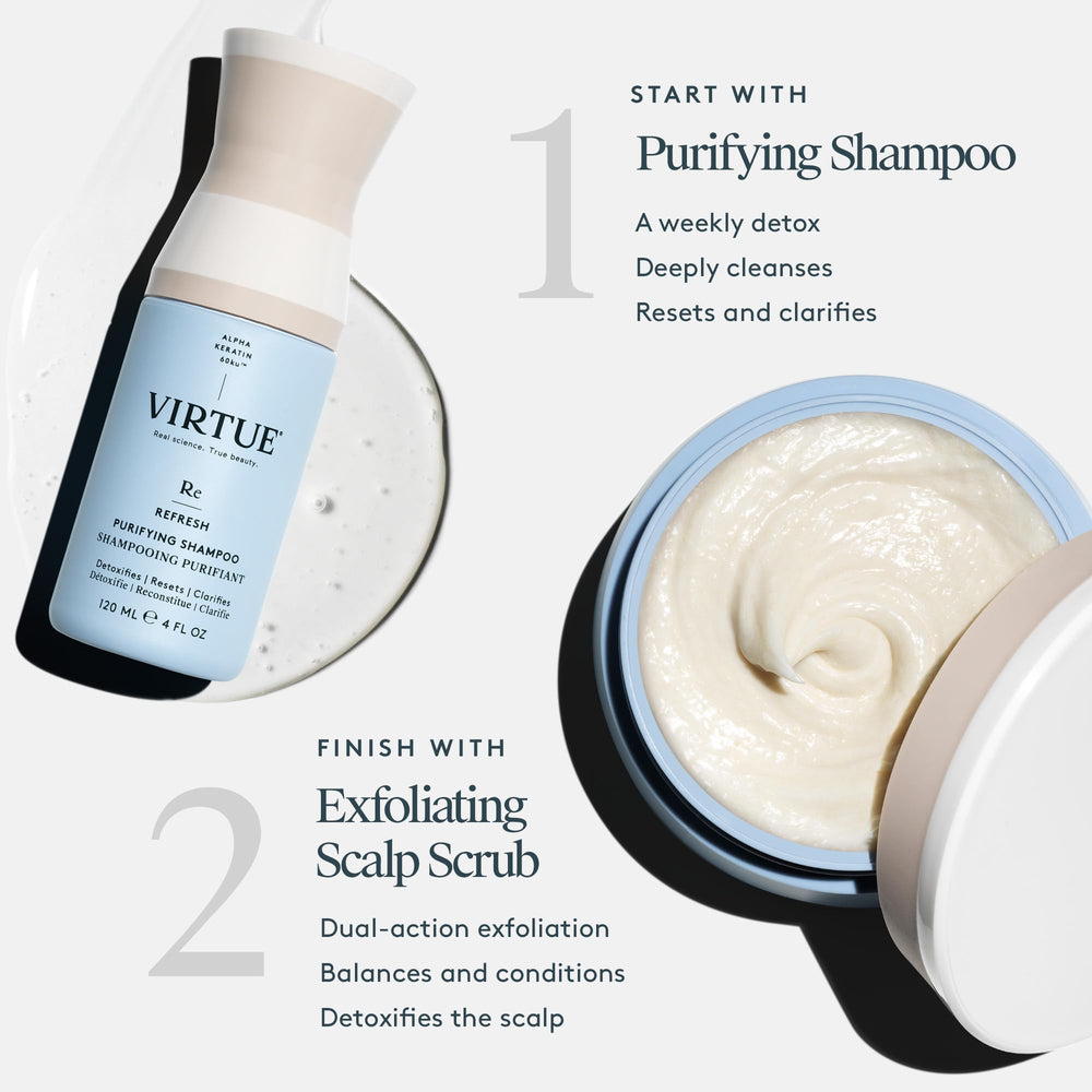 Pump-action Virtue Detox Shampoo during application for gentle cleansing