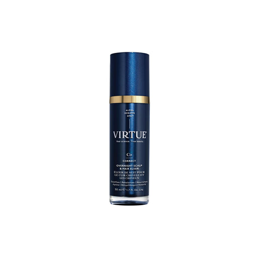 VIRTUE Correct Overnight Elixir bottle shown for overnight scalp care and hydration.