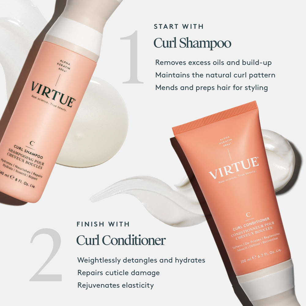 VIRTUE frizz-control shampoo illustrated with bottle provides humidity defense for defined curls