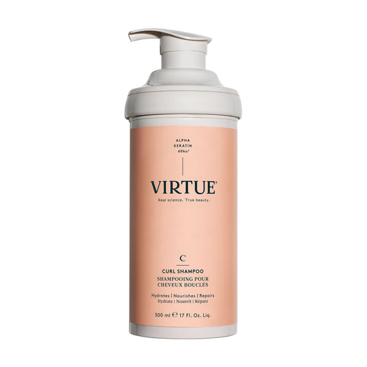 VIRTUE curl sulfate-free shampoo with jojoba oil bottle pour offering gentle cleansing for curls