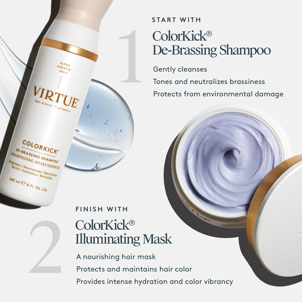 VIRTUE De-Brassing Shampoo bottle back demonstrates color-toning action.