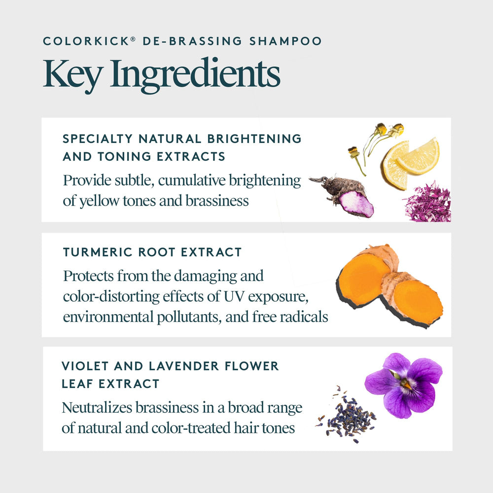 VIRTUE De-Brassing Shampoo violet tint balances brassy tones on hair.