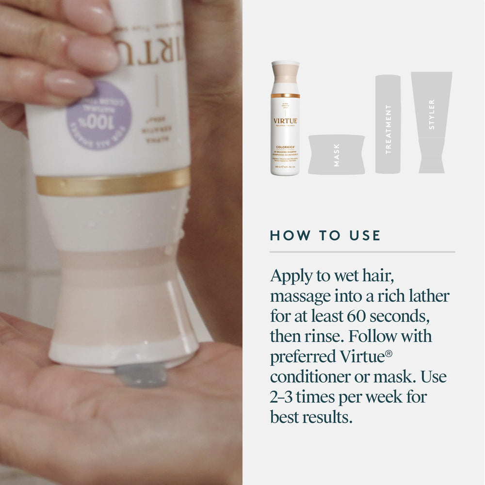 VIRTUE De-Brassing Shampoo vegan label on packaging.