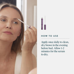 Close-up of brows with Virtue Flourish Brow Serum for potential fullness.