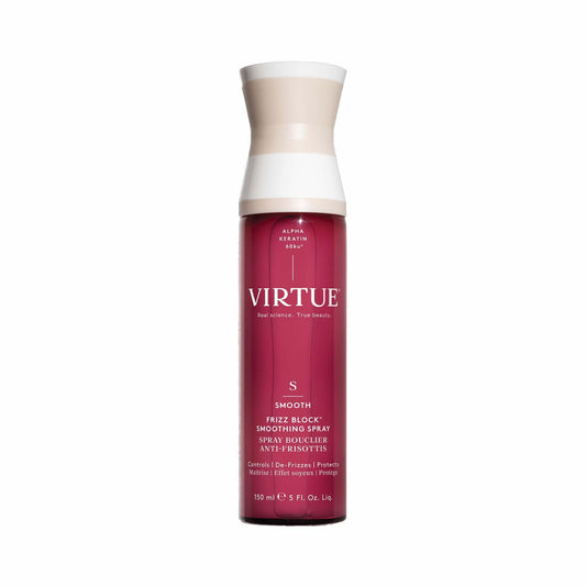 VIRTUE Frizz Block Spray bottle front view showing sleek protection