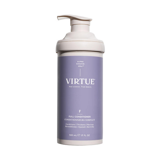 VIRTUE Full Volumizing Conditioner bottle pouring for lightweight lift on fine hair.