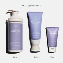 Label detail shows color-safe and sulfate-free claims on VIRTUE bottle.