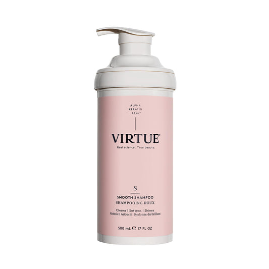 VIRTUE Smooth Shampoo bottle pour showing gentle cleansing for frizzy hair