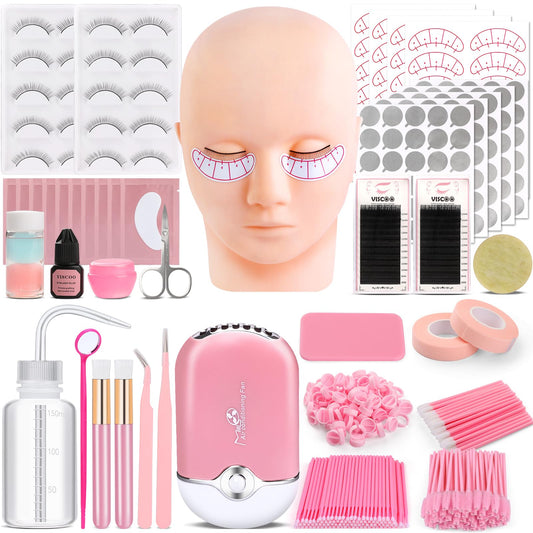 VISCOO eyelash extension kit mannequin head enables realistic practice.