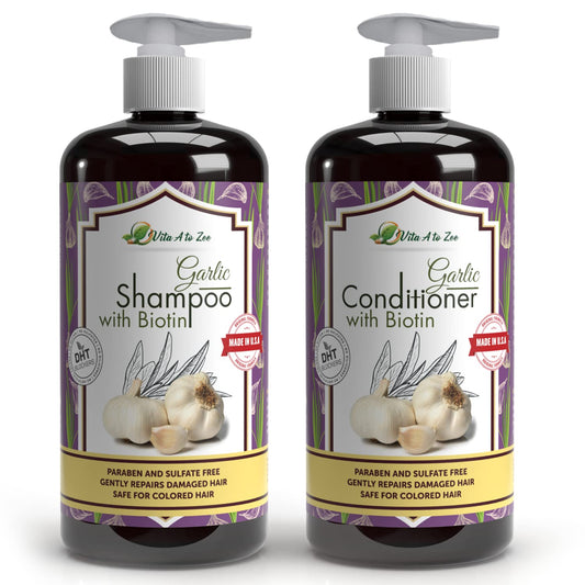 Vita A To Zee garlic shampoo bottle highlighting anti-DHT support for healthier scalp