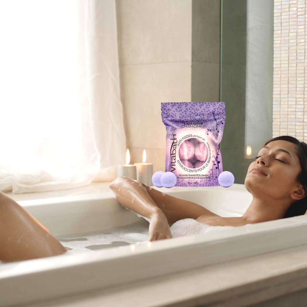 Vitabath Bath Fizzies Lavender Chamomile ingredients shown with vitamins for skin nourishment.