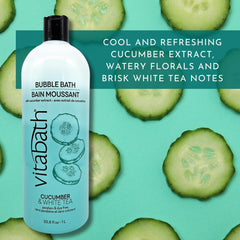 Vitabath Cucumber & White Tea Bubble Bath bottle close-up shows vitamin-rich formula.