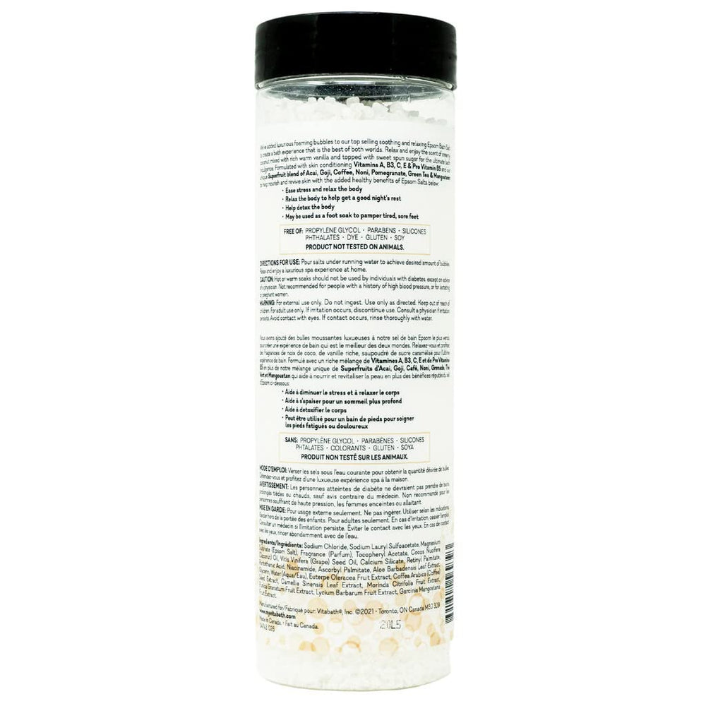Packaging of Vitabath Heavenly Coconut Creme bath salts in a gift-worthy jar