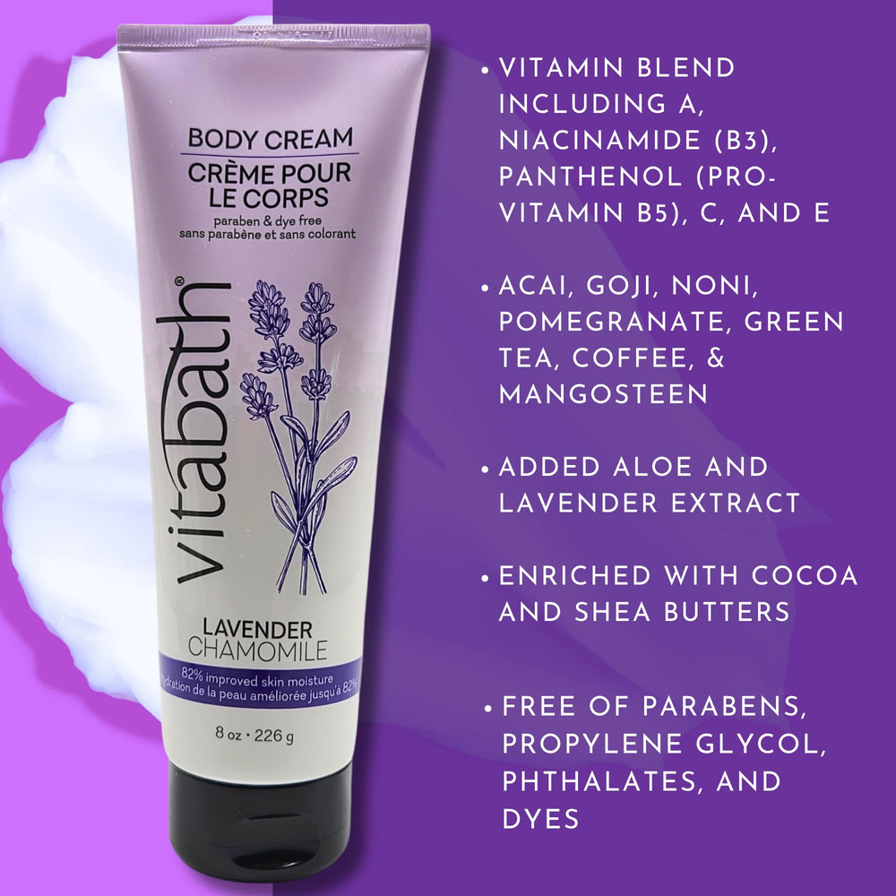 Vitabath Lavender Chamomile cream texture close-up showcases rich moisture for skin.