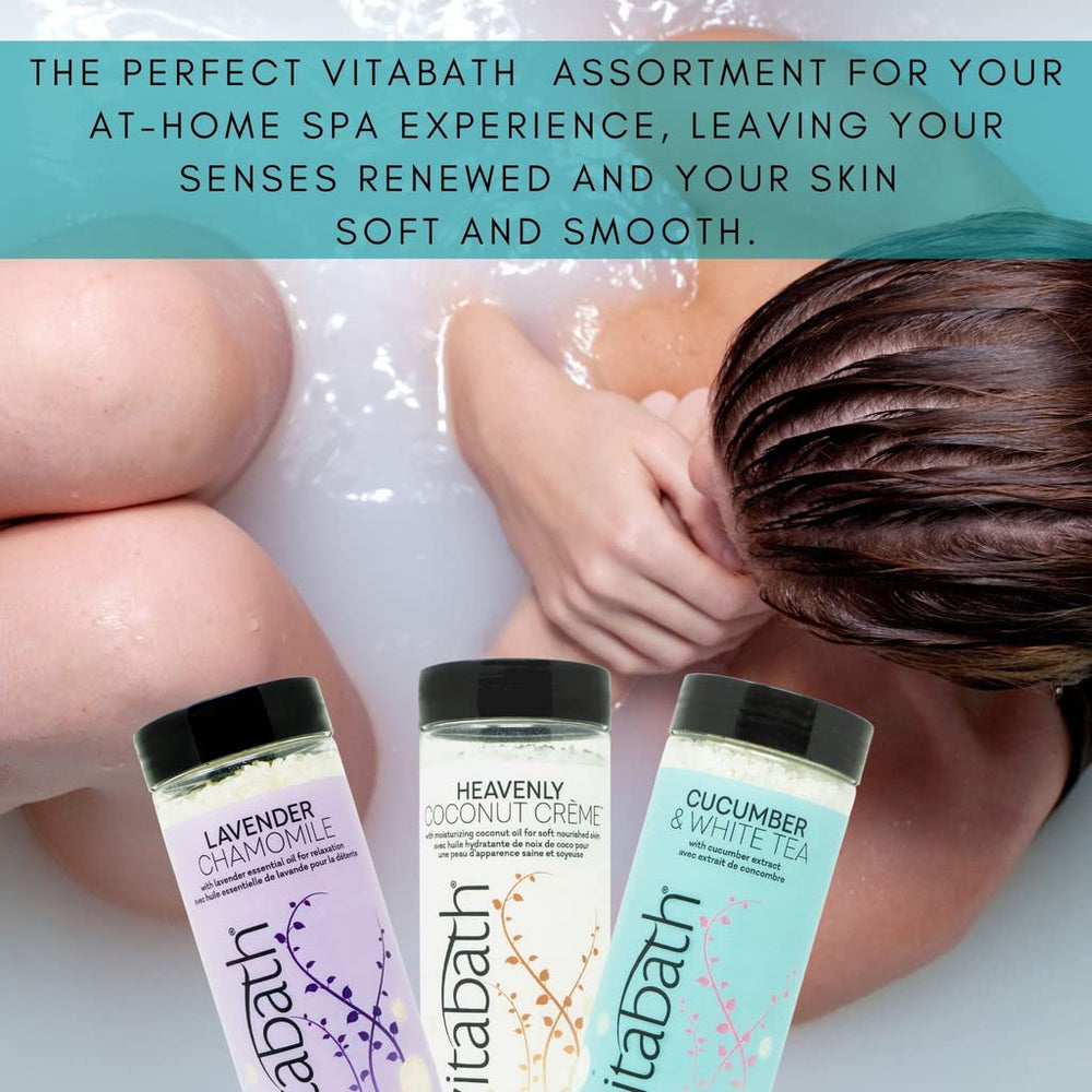 Vitabath Lavender Chamomile foaming salts texture and foam emphasize moisturizing skin care benefits.