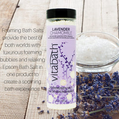 Vitabath foaming bath salts ingredients panel shows vitamins A, B3, C, E and provitamin B5.