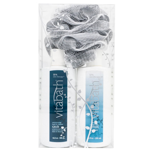 Vitabath Spa Skin Therapy set with bottle and pouf for a spa-like daily cleanse.