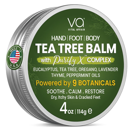 Vital Affair Tea Tree Oil Balm tin application for soothing dry skin.