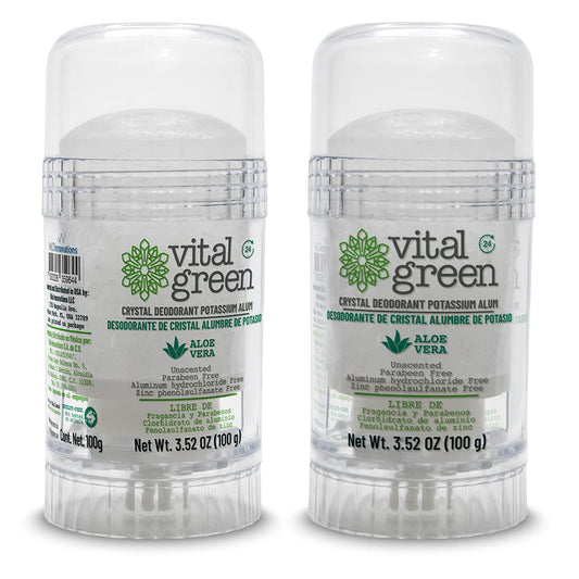 Vital Green crystal potassium alum deodorant bottle with unscented formula for sensitive skin.