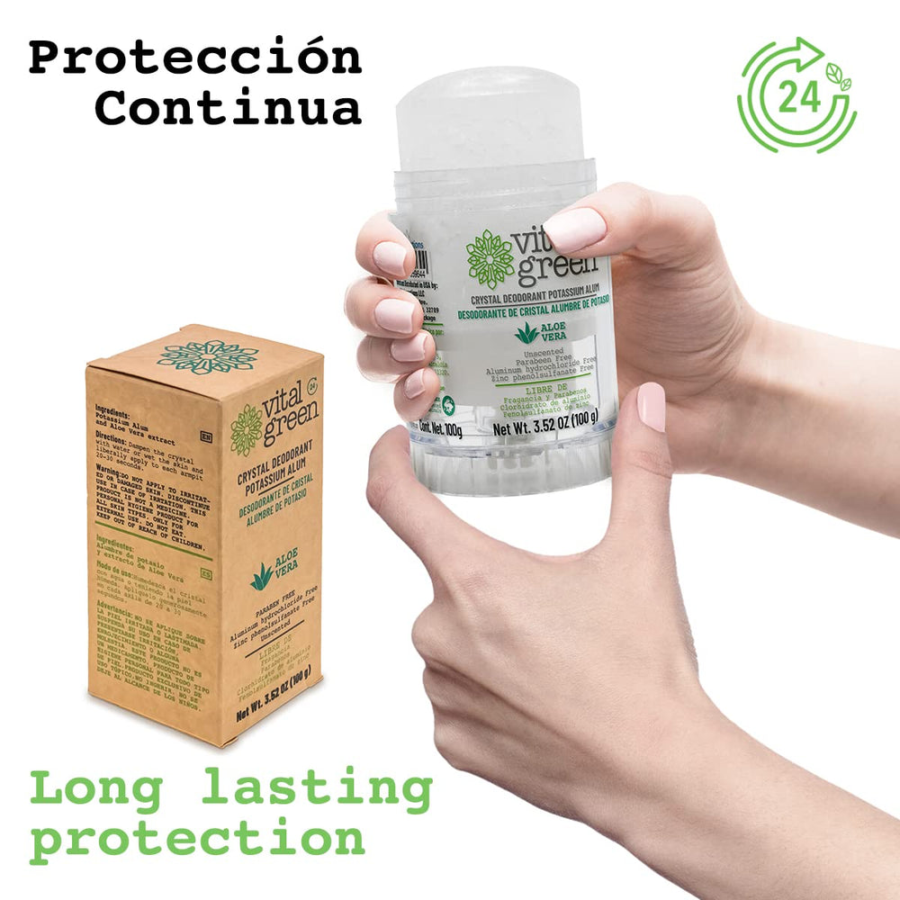 Vital Green unscented mineral deodorant crystals in compact packaging.