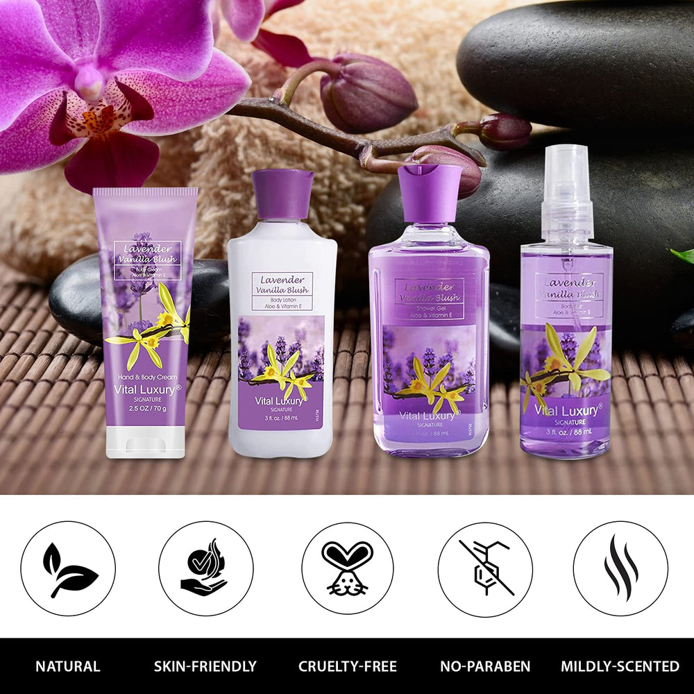 Vital Luxury Lavender Vanilla Blush Aloe Vitamin E: nourishing formula supports moisturized skin.