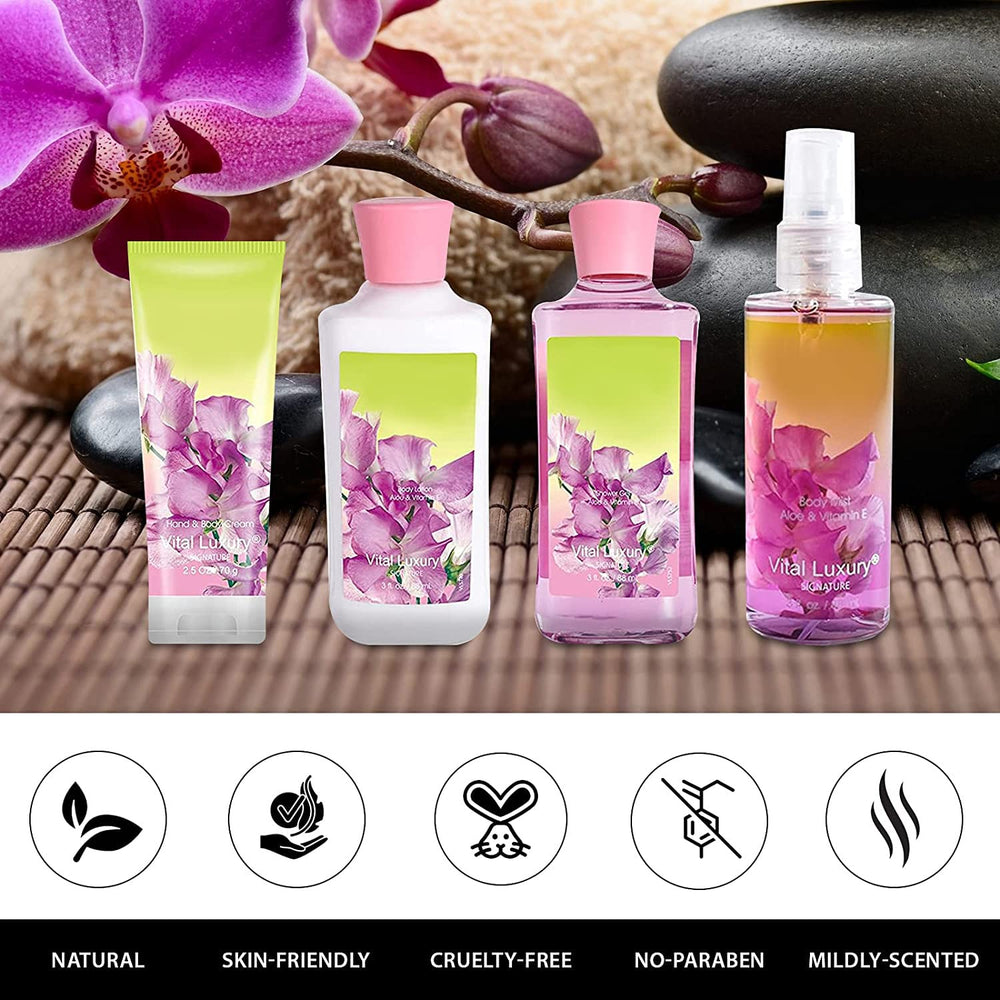 Vital Luxury Sweet Pea Spa Set on a vanity, inviting at-home pampering.