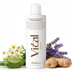 Vital Strands shampoo bottle front suggests fuller-looking hair