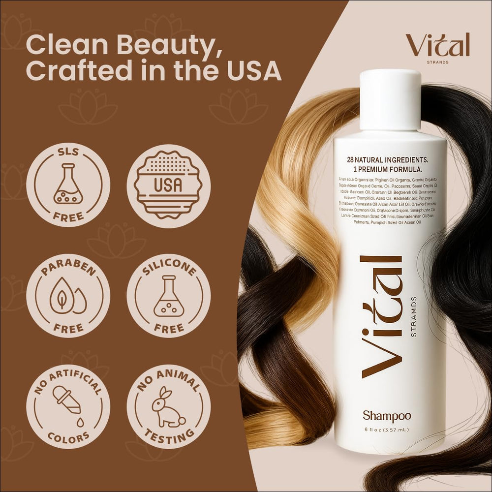 Vital Strands shampoo product label 8oz communicates sulfate-free scalp care