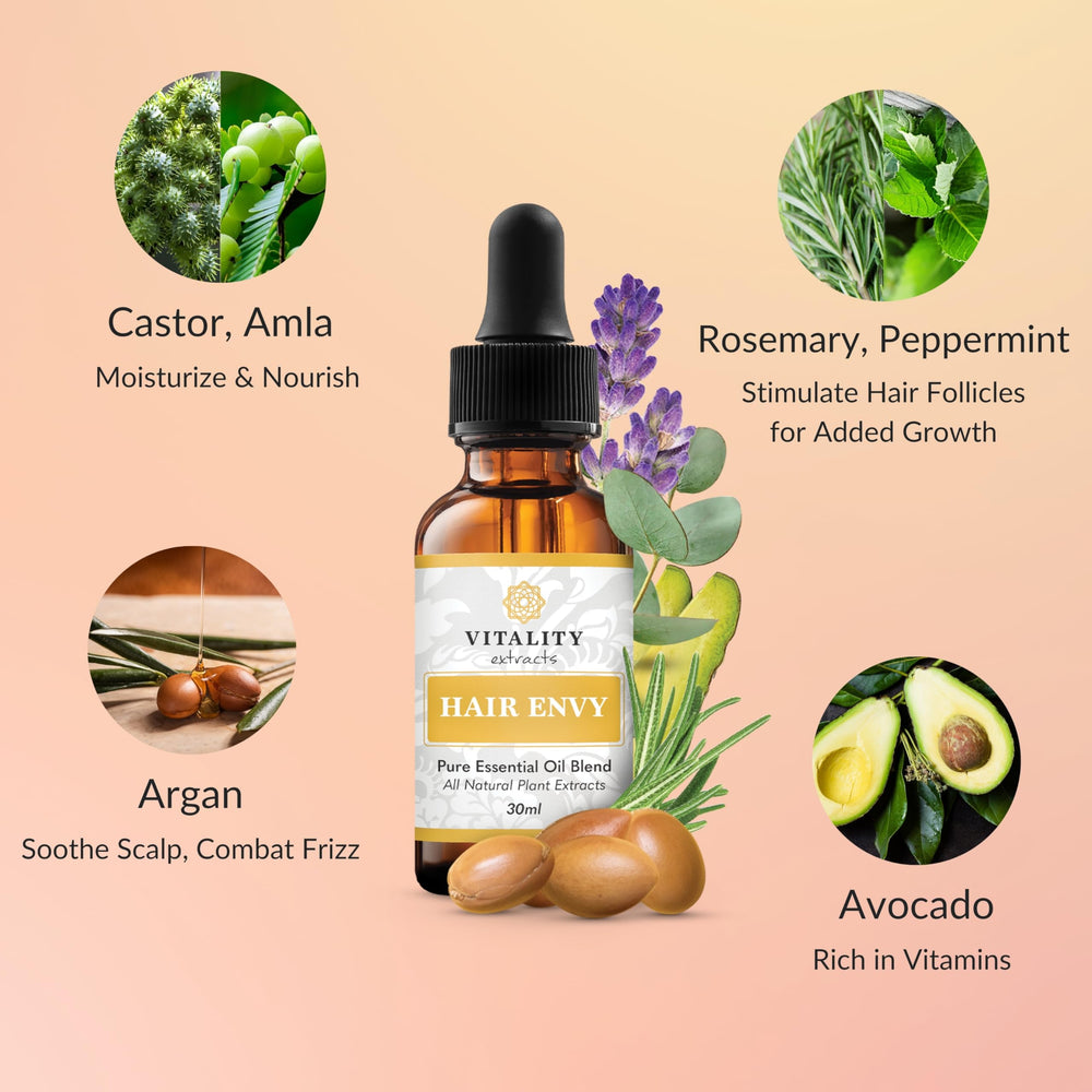 Vitality Hair Envy label detail highlights pure essential oils and vegan formula