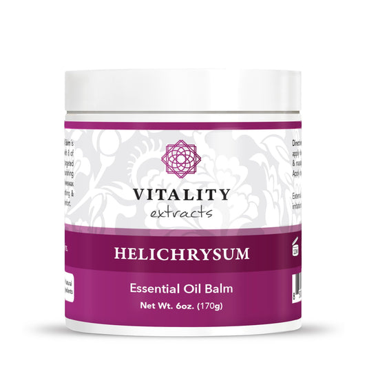Vitality Helichrysum Balm jar showing ultra-moisturizing hydration for dry skin.