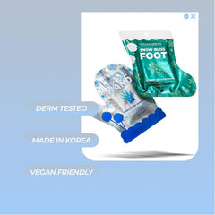Vitamasques Holiday Snow Bliss foot mask applying candy cane scent on dry feet.