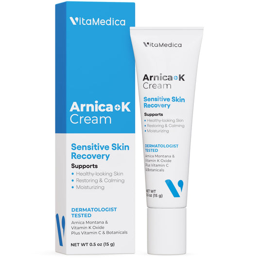 VitaMedica Arnica + Vitamin K bruise cream bottle reduces post-procedure discoloration.