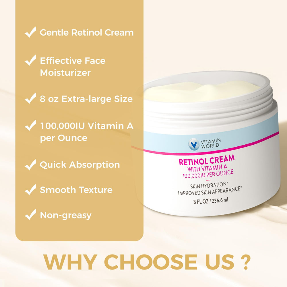 Eight-ounce Vitamin World Retinol Cream jar supports extended usage.