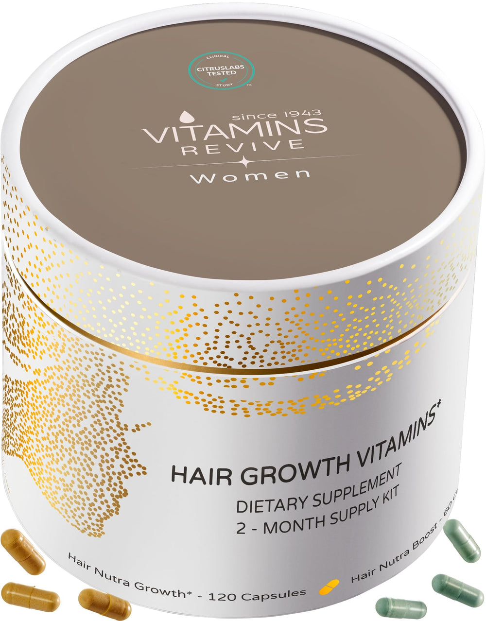 VITAMINS REVIVE vegan cruelty-free label indicating ethical hair wellness.