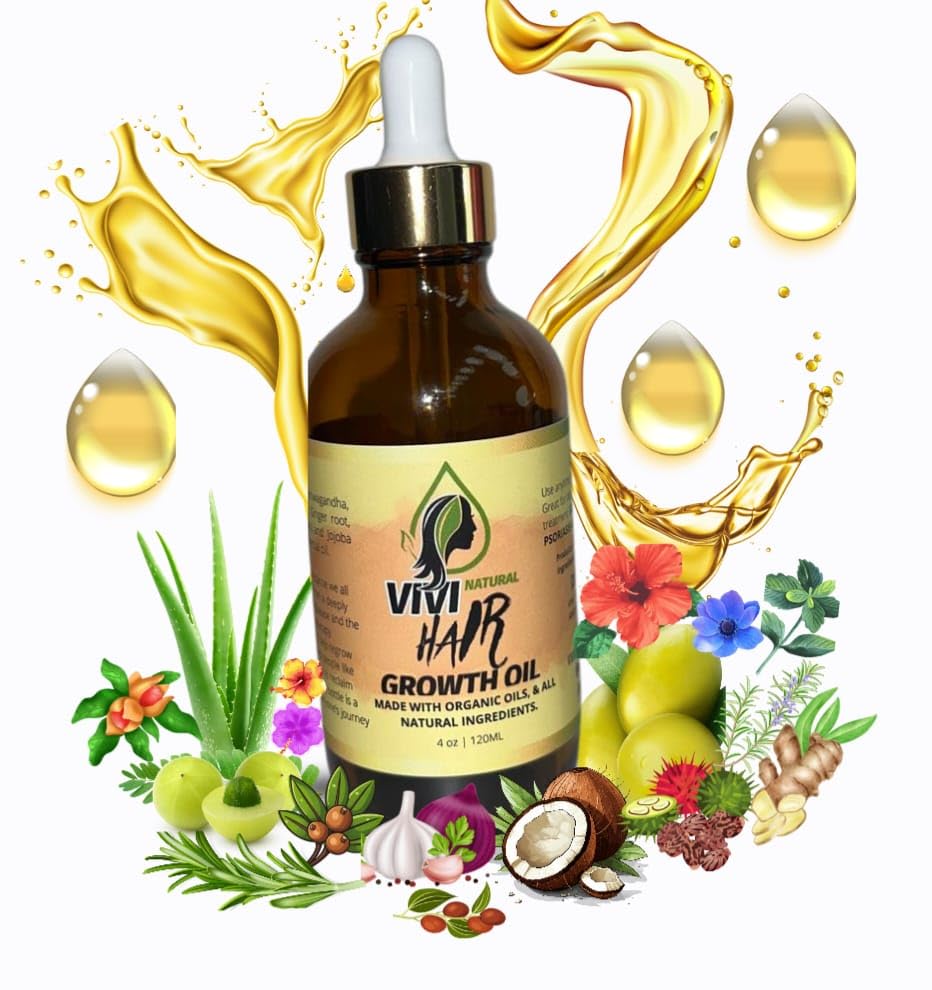 Vivi Natural Hair Growth Oil bottle being poured for scalp nourishment.