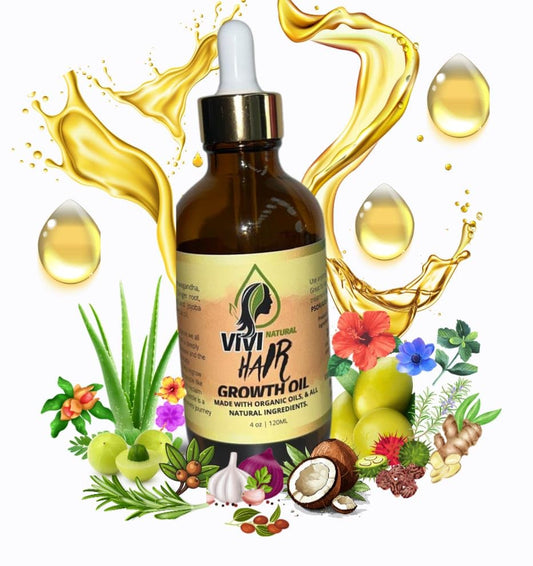 Vivi Natural Hair Growth Oil bottle being poured for scalp nourishment.