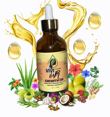 Vivi Natural Hair Growth Oil bottle being poured for scalp nourishment.