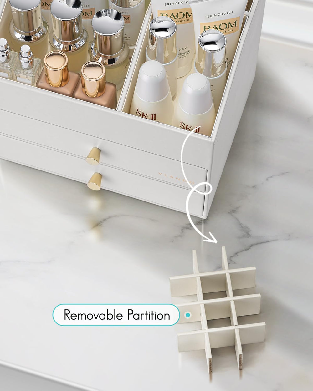 Upper shelf stores skincare and lip products neatly
