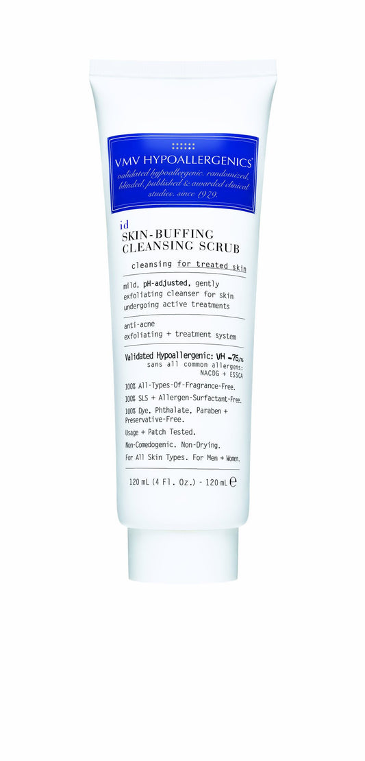 VMV Hypoallergenics Id Skin Buffing Cleansing Scrub jar close-up shows gentle exfoliation and fragrance-free formula.