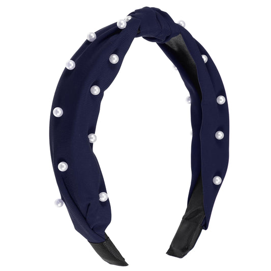 VOCOSTE satin knotted pearl headband in deep blue front view shows elegant shimmer and secure hold.