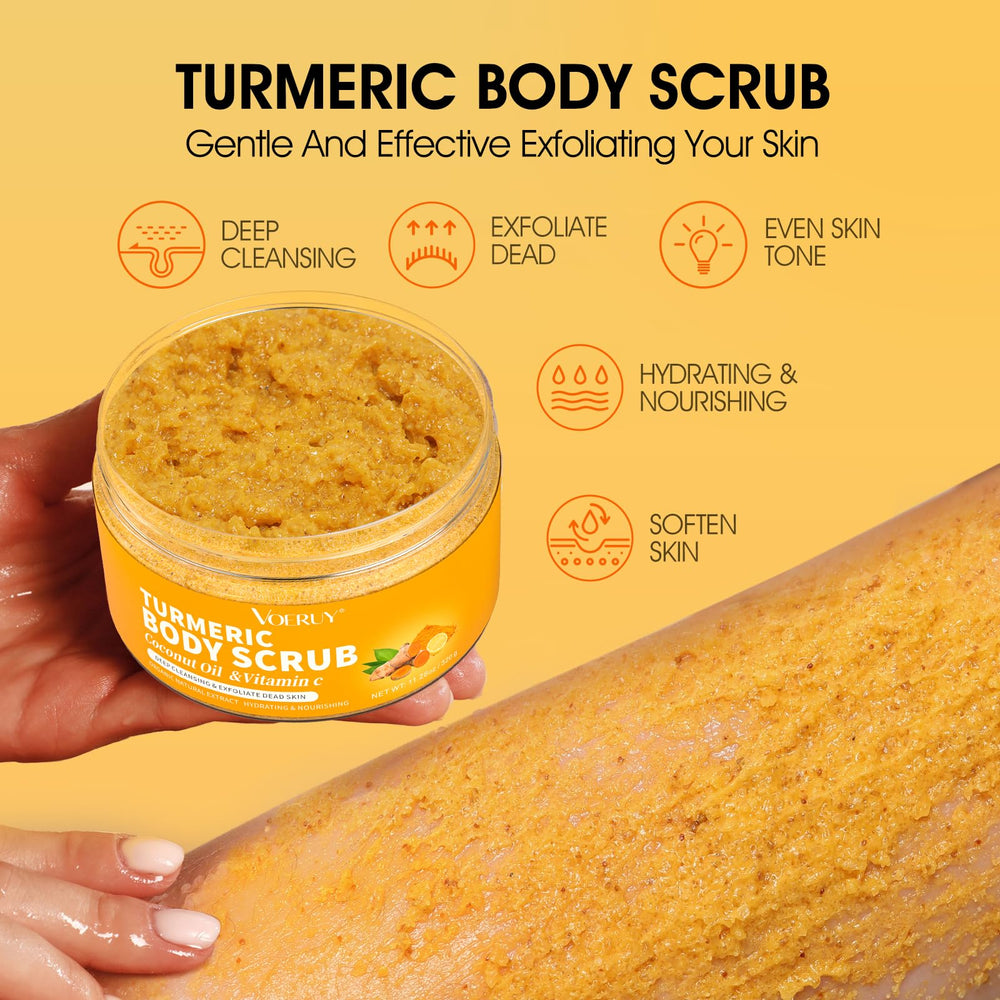 Open jar reveals creamy oil blend with coconut oil and turmeric extract.
